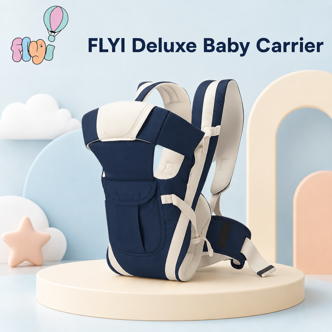 A navy blue and cream baby carrier displayed on a round pedestal against a pastel studio background with clouds and arch shapes. The text 'FLYI Deluxe Baby Carrier' appears at the top, with a small FLYI logo in the upper left.
