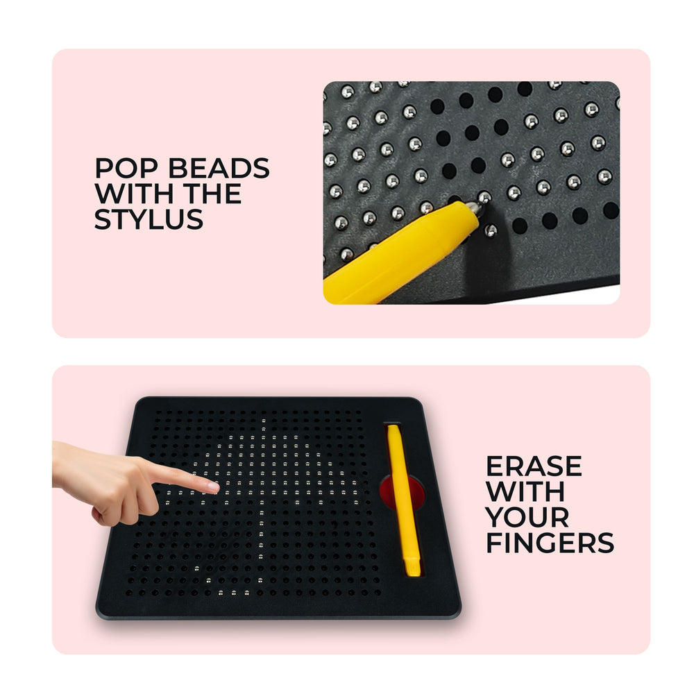 Two-panel product demonstration on a pale pink background showing a black circular bead board with metal pins and a yellow stylus. Top panel reads 'POP BEADS WITH THE STYLUS' and shows the stylus pressing into the beads.