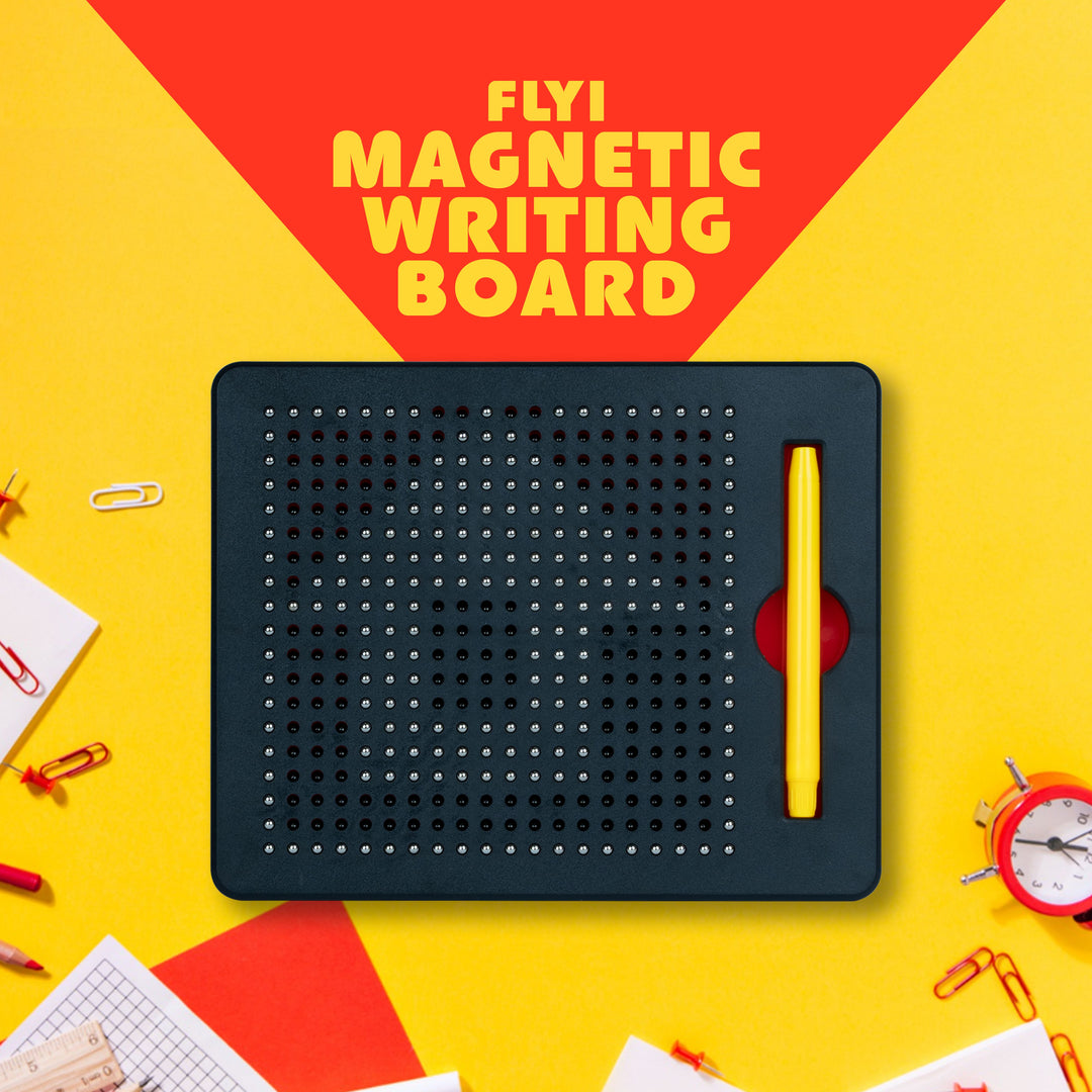 Flyi magnetic writing board with a yellow pen on a yellow background