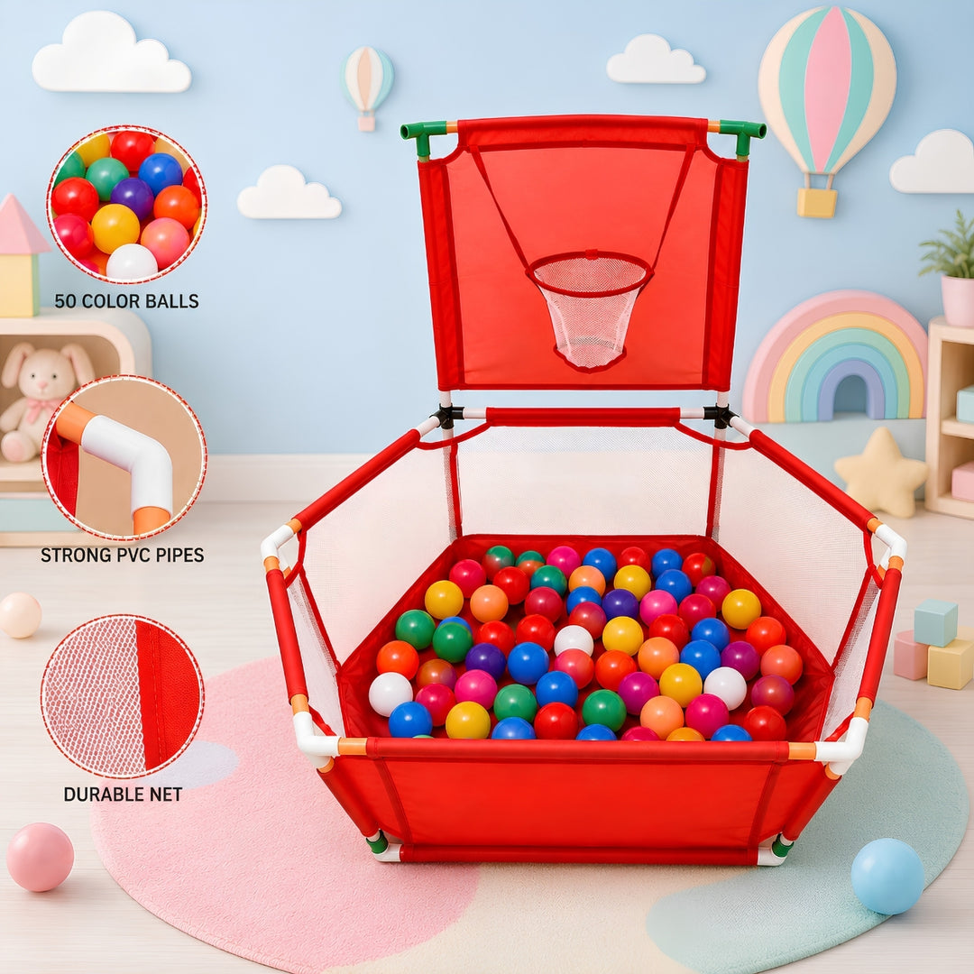 A red and white hexagonal ball pit playset with an integrated basketball hoop, filled with colorful plastic balls. The image includes three circular callout graphics on the left highlighting features: '50 COLOR BALLS', 'STRONG PVC PIPES', and 'DURABLE NET'.