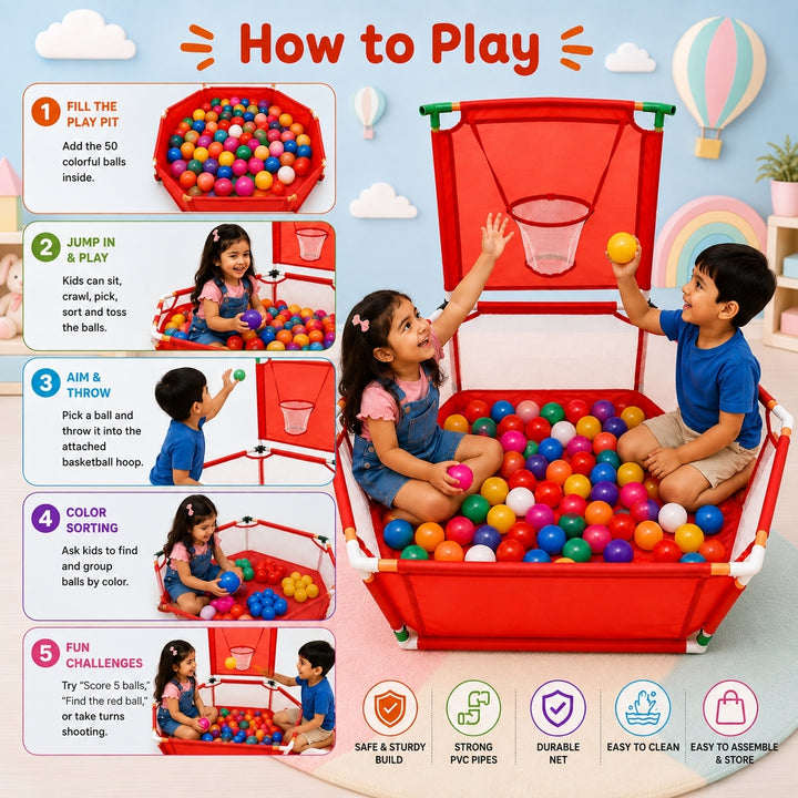 A colorful children's ball pit playset with an attached basketball hoop net, shown in a playful scene with two kids sitting in the ball pit. The image includes a large 'How to Play' infographic with five numbered steps, illustrations of the product, and feature icons at the bottom on a pastel pink background.