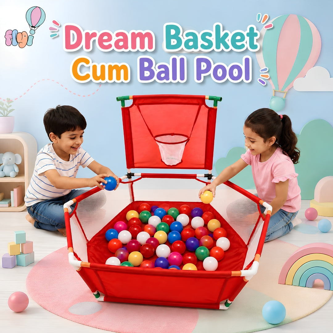 A children's cum ball pool basketball game set with two kids playing in a colorful room. The red hexagonal frame holds a pool of multicolored plastic balls and has a red hoop net at the top.