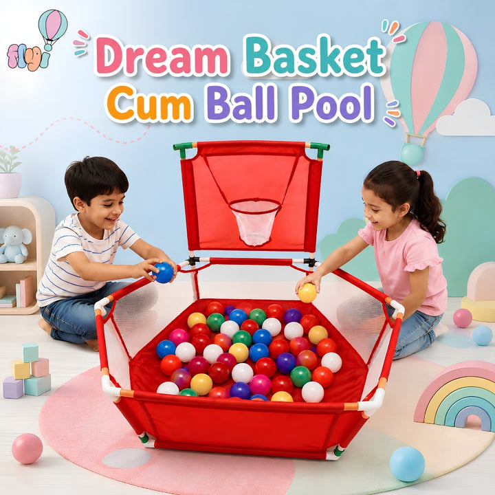 A children's cum ball pool basketball game set with two kids playing in a colorful room. The red hexagonal frame holds a pool of multicolored plastic balls and has a red hoop net at the top.