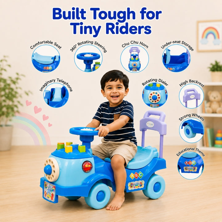 A young child sits on a blue and purple toy train ride-on in a bright indoor room. Large text at the top reads 'Built Tough for Tiny Riders,' with circular callouts highlighting features such as a comfortable seat, 360-degree rotating steering, chuchu horn, under-seat storage, imaginary telephone, rotating dial, high backrest, strong wheels, and educational theme.
