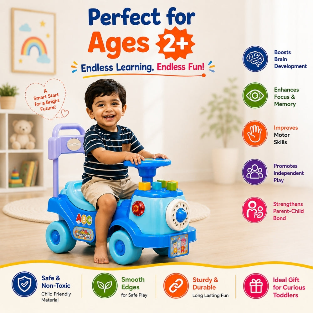 A young child sitting on a blue and purple ride-on toy car in a bright indoor room, with promotional text and feature icons around the product. The image is designed to market the toy for ages 2+.