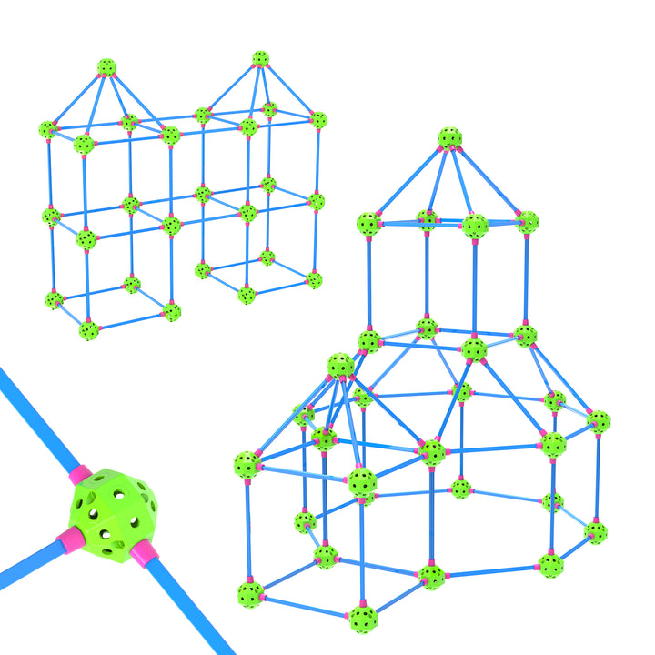 A collection of images showing a blue build and play tent with green accents. The tent is depicted in various states of assembly, including as a standalone unit and as part of a larger structure.