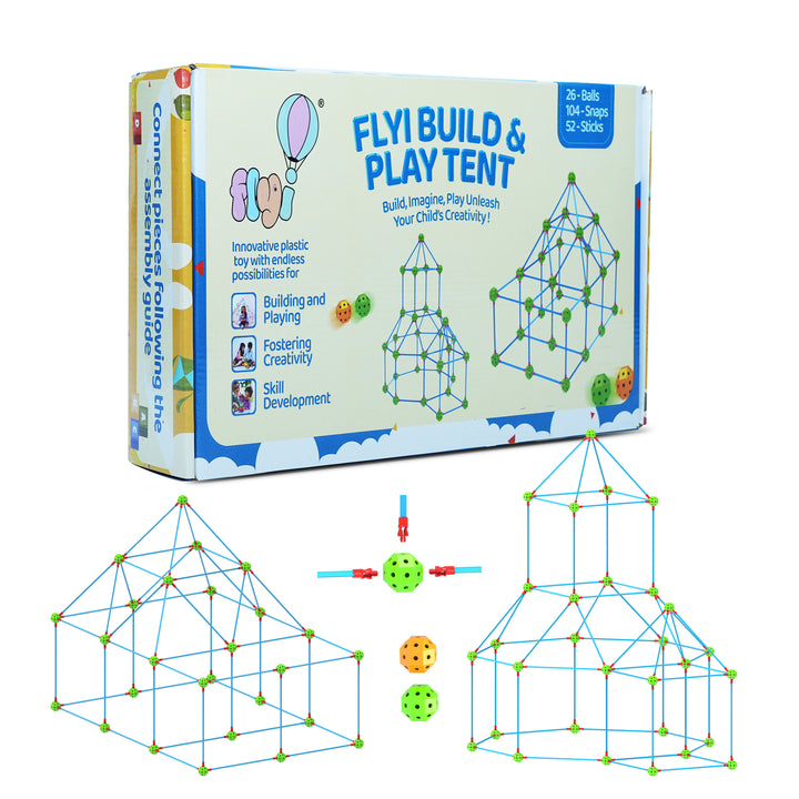 Flyi Build & Play Tent toy set packaging with toy structures on a white background