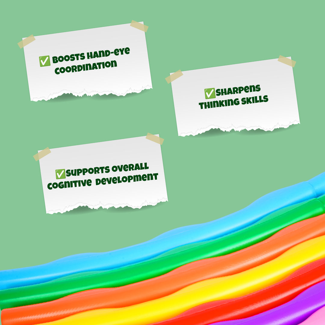 Three white signs with green text on a green background with colorful wavy lines at the bottom.