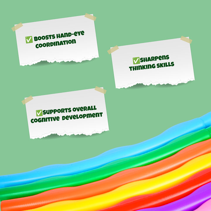 Three white signs with green text on a green background with colorful wavy lines at the bottom.