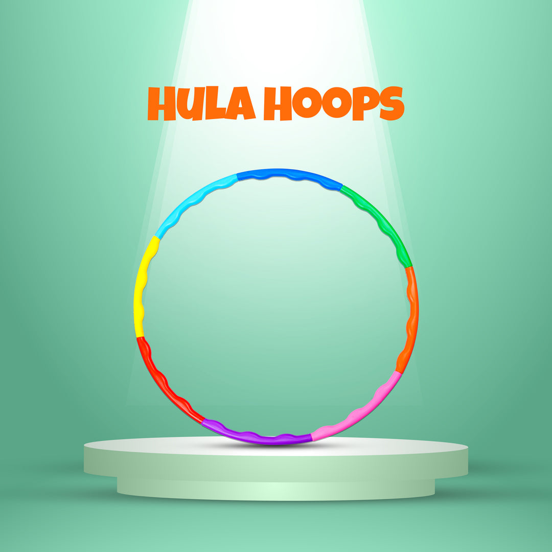 Colorful FLYI hula hoop on a white pedestal with 'Hula Hoops' text above on a green background