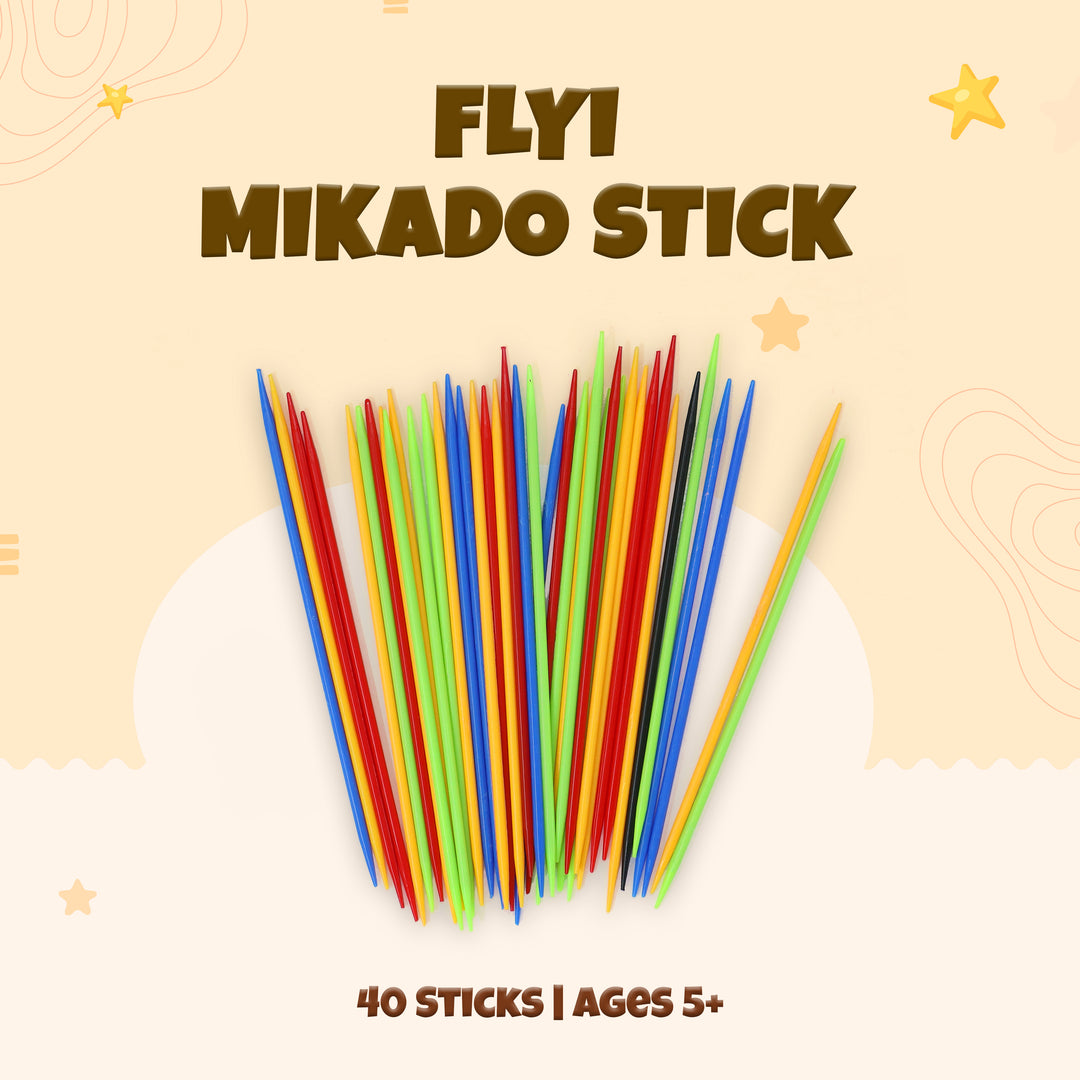 Colorful mikado sticks with 'FLYI' branding on a beige background