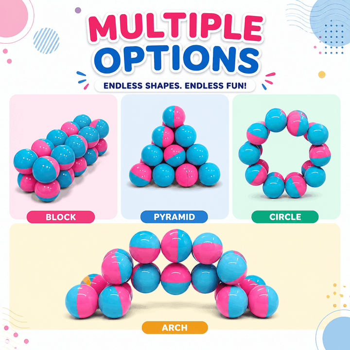 Promotional graphic for a ball toy set showing multiple configurations: a block, pyramid, circle, and arch. The image features bold text reading 'MULTIPLE OPTIONS' and 'ENDLESS SHAPES.