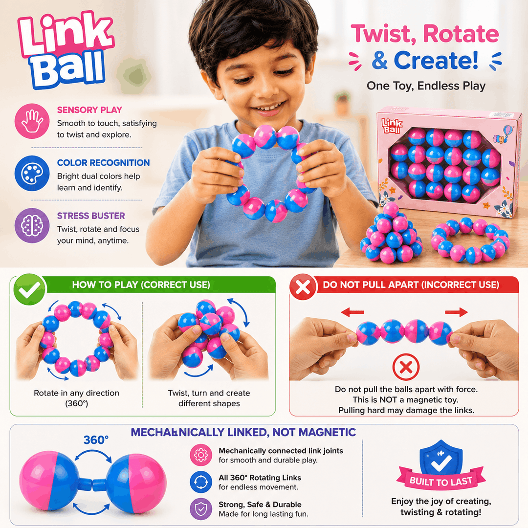 Link Ball toy set shown with a child assembling pink and blue magnetic ball links, plus product packaging and instructional graphics explaining how to twist, rotate, and create shapes.