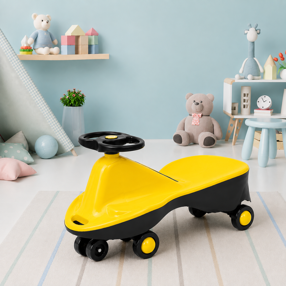 A yellow and black plastic ride-on toy car with a steering wheel and four wheels, shown in a styled children's room setting.