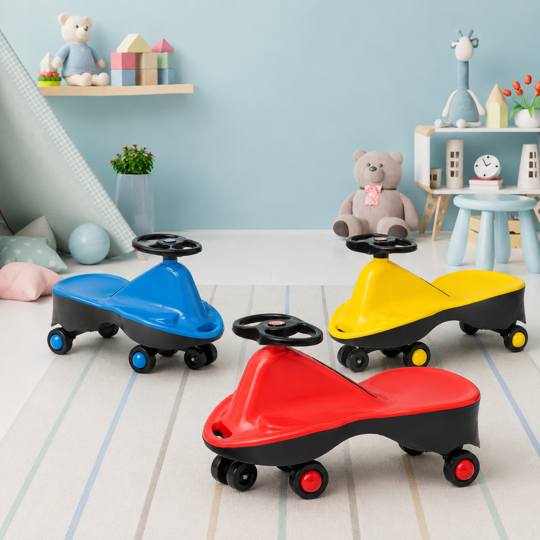 Three children's (wiggle cars) in red, yellow, and blue, arranged on a striped rug in a styled children's playroom.