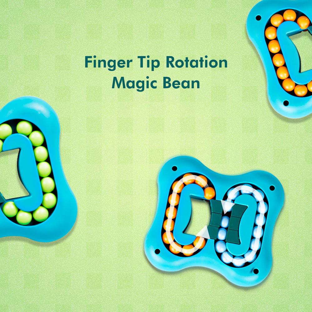 Finger Tip Rotation Magic Bean toy shown on a light green patterned background with text reading 'Finger Tip Rotation Magic Bean.' The toy consists of bright blue plastic holders with loops filled with small beads, including orange, white, and green beads.