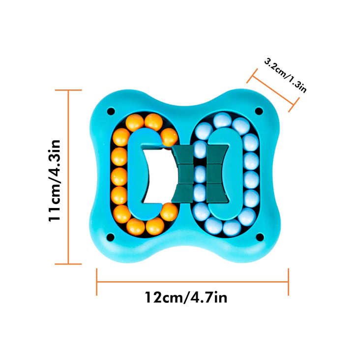 A blue plastic ball-sorting tray with orange and white balls inside, shown with dimension lines and text indicating measurements of 11 cm height, 12 cm width, and 3.2 cm depth on a white background.