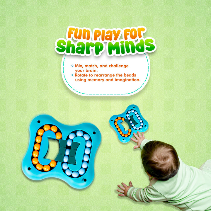 A baby crawling on a light green background while interacting with a blue bead memory toy. The image includes promotional text at the top reading 'Fun Play for Sharp Minds' with bullet points about mixing, matching, and challenging the brain.