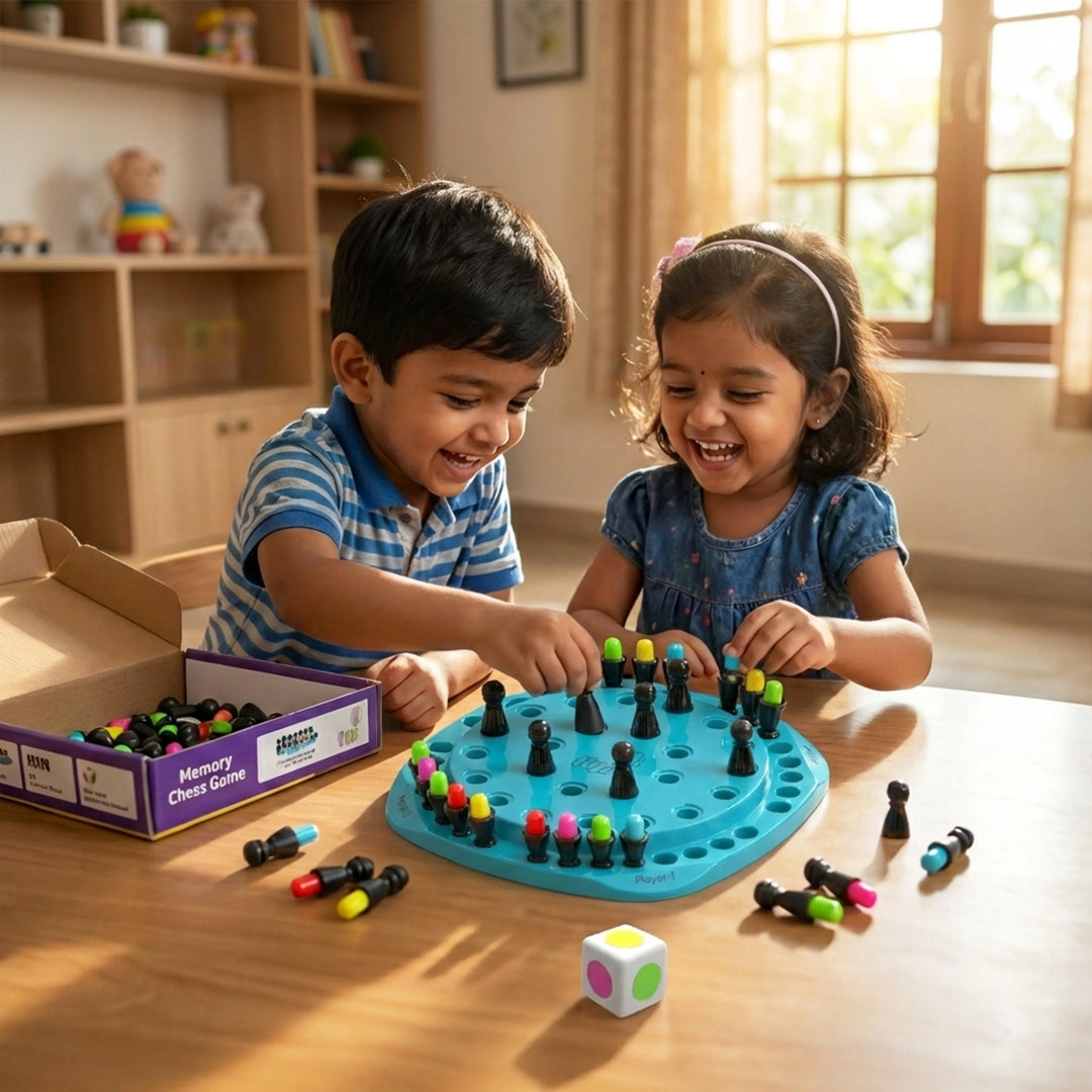 Two children playing with a colorful board game in a room with wooden shelves.