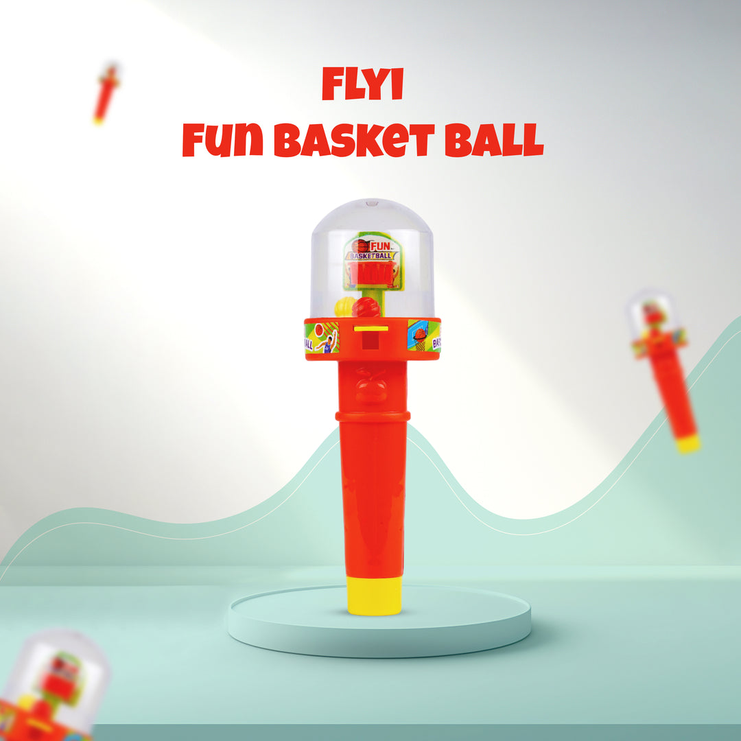 Toy basketball hoop with 'FLYI' branding on a light green platform.