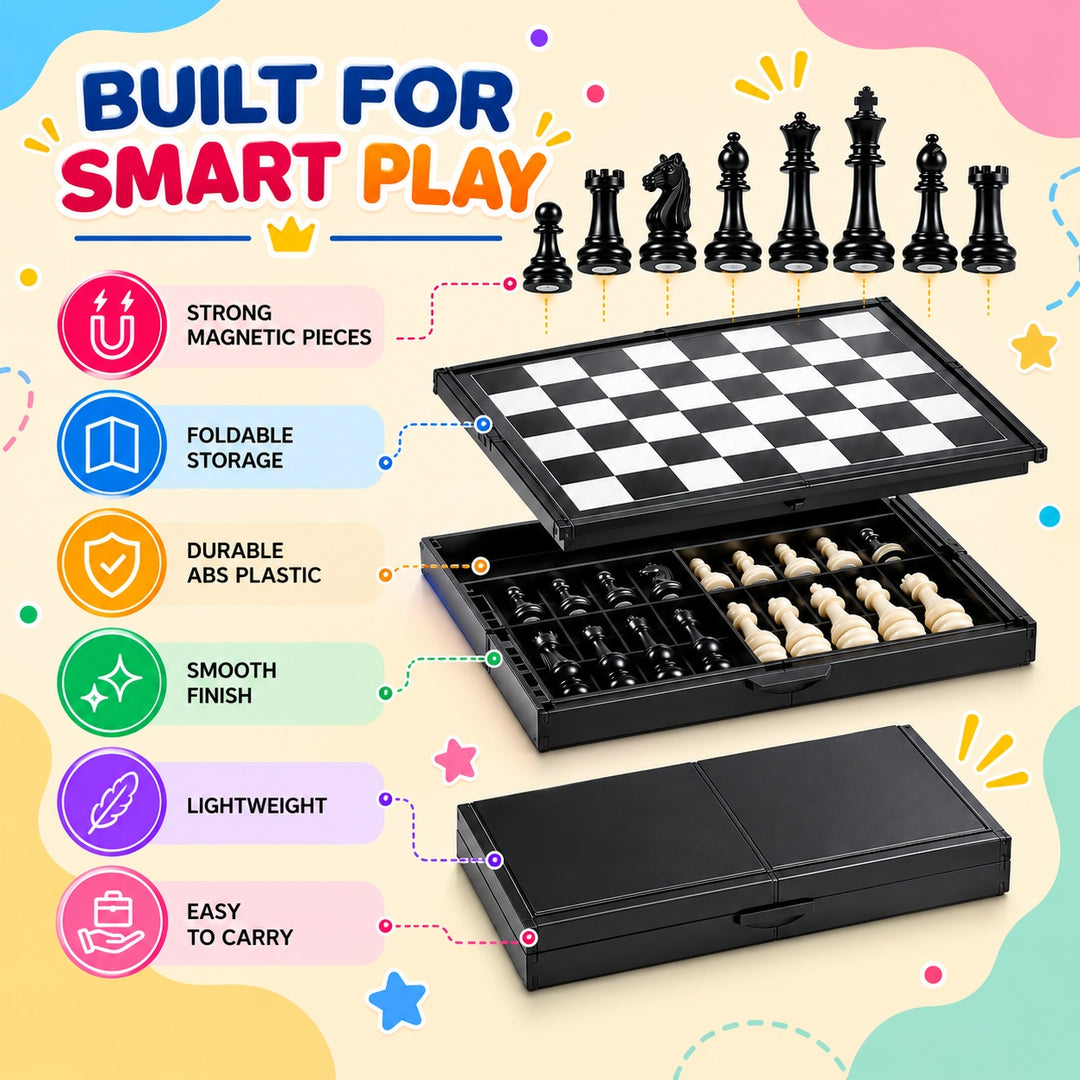 Black magnetic chess set shown open and closed on a colorful promotional background with text callouts for strong magnets, foldable storage, durable ABS plastic, smooth finish, lightweight, and easy to carry.