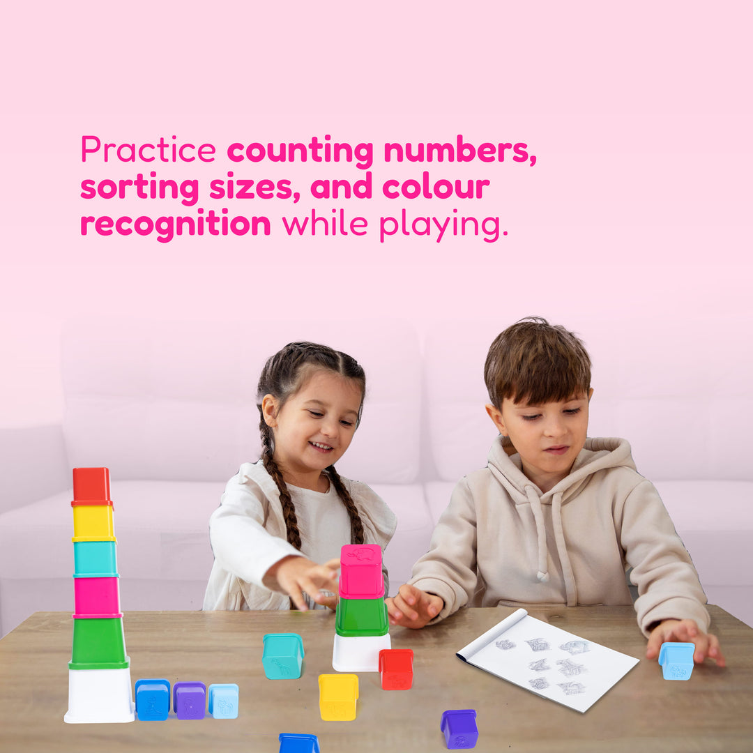 Child playing with FLYI Montessori stacking cups for kids during a hands-on activity.