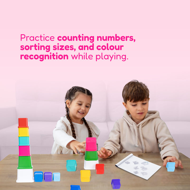 Child playing with FLYI Montessori stacking cups for kids during a hands-on activity.