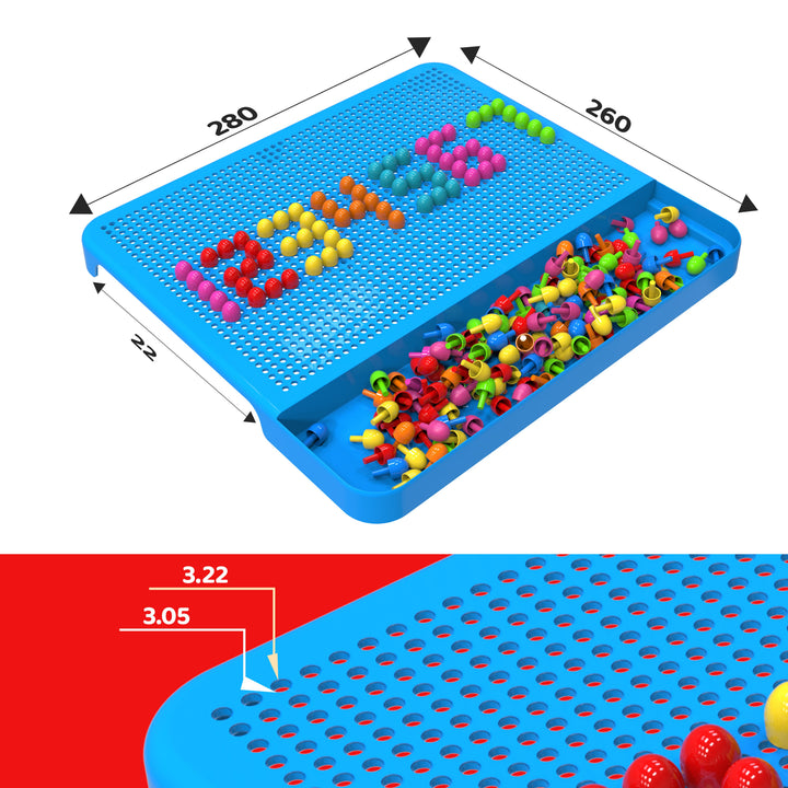 Blue pegboard with colorful pegs and measurements on a white background