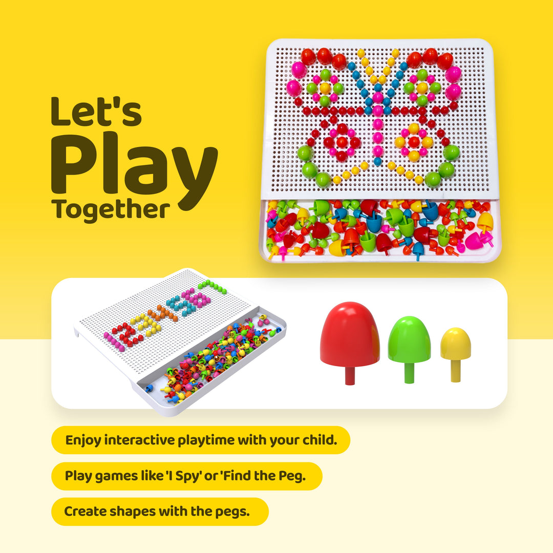 Colorful pegboard toys with educational elements on a yellow background