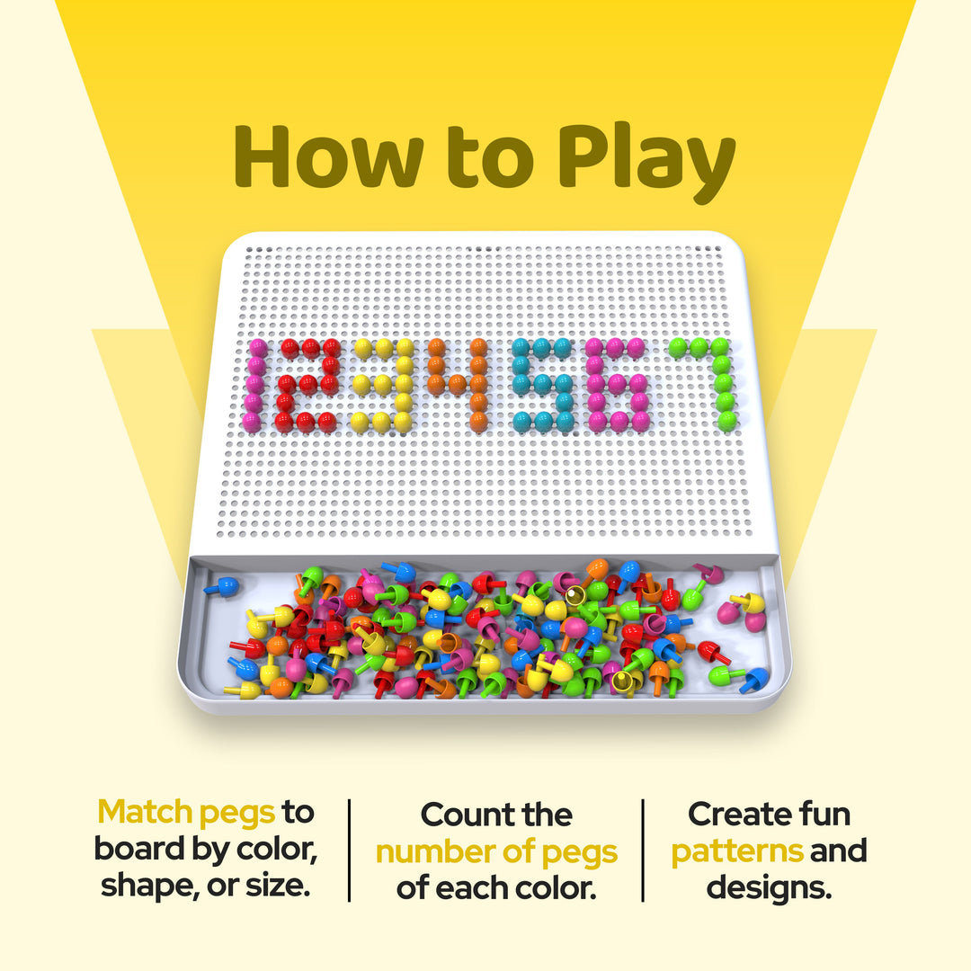 Instructional graphic showing a pegboard counting toy with colorful magnetic pegs arranged to spell numbers on a white board and a tray below. Large text reads 'How to Play,' with additional instructions at the bottom about matching pegs by color, shape, or size, counting pegs, and creating fun patterns and designs.