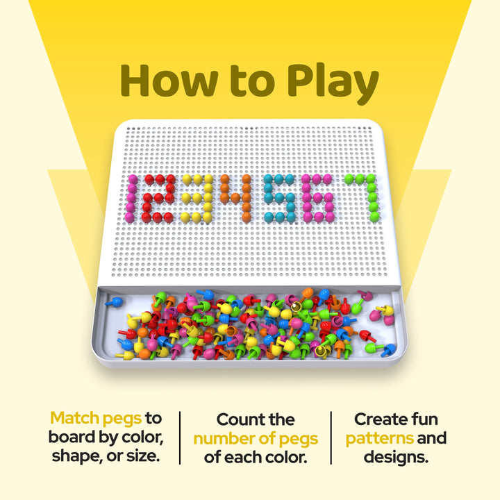 Instructional graphic showing a pegboard counting toy with colorful magnetic pegs arranged to spell numbers on a white board and a tray below. Large text reads 'How to Play,' with additional instructions at the bottom about matching pegs by color, shape, or size, counting pegs, and creating fun patterns and designs.