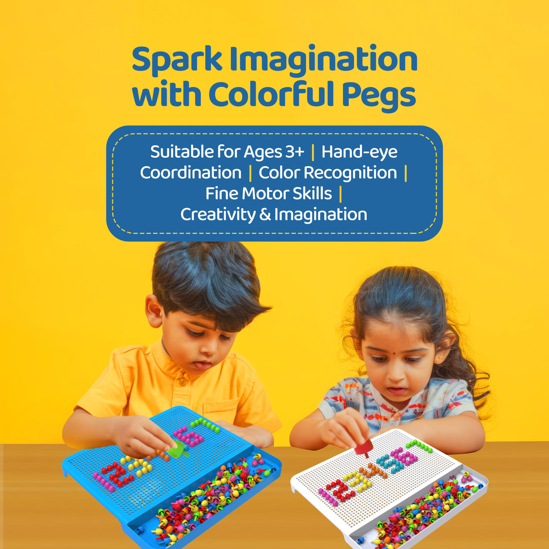 Two children playing with colorful pegboard toy sets on a wooden table against a bright yellow background. Text at the top reads 'Spark Imagination with Colorful Pegs' and a blue badge lists developmental benefits.