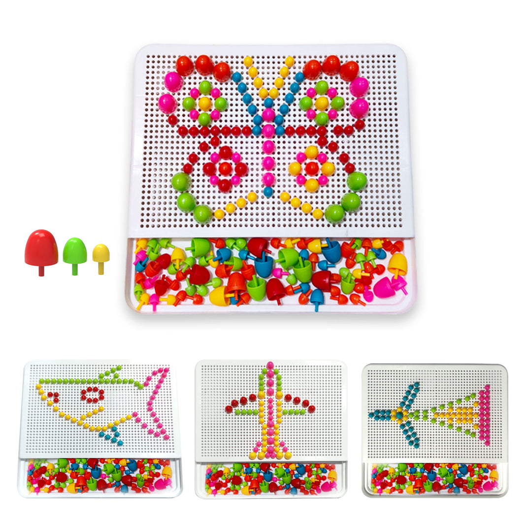 A colorful bead-embedding craft board set shown on a white background, with a large butterfly design in the center and three smaller fish, airplane, and arrow designs below. The set includes a white square board, multicolored beads, and three small colored pegs.