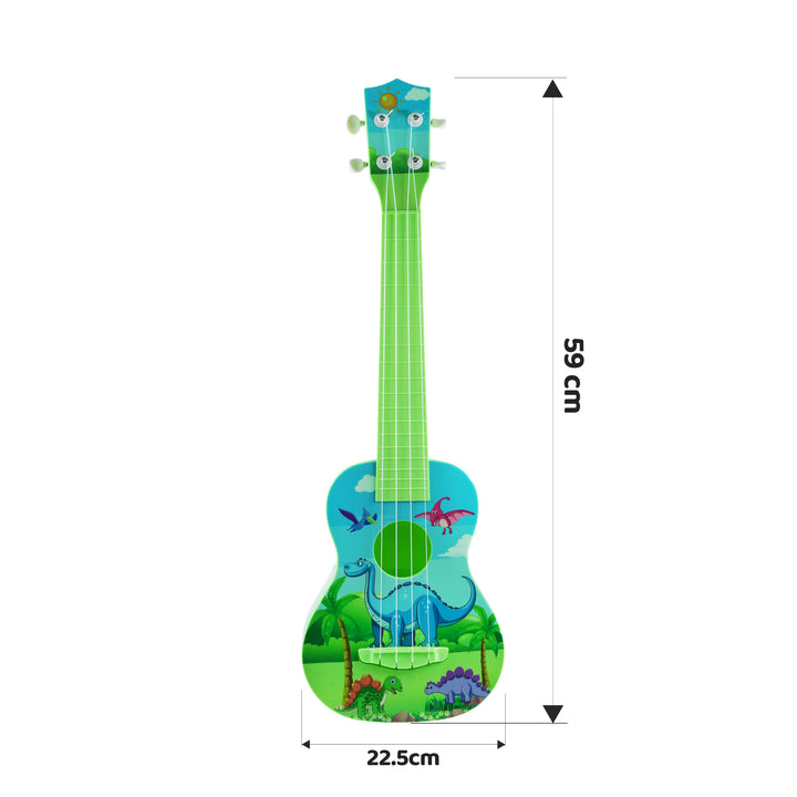 FLYI's dinosaur-themed guitar with measurements on a white background