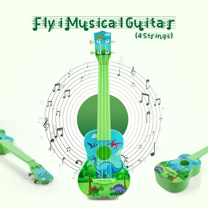 FLYI musical guitar with dinosaur design on a white background