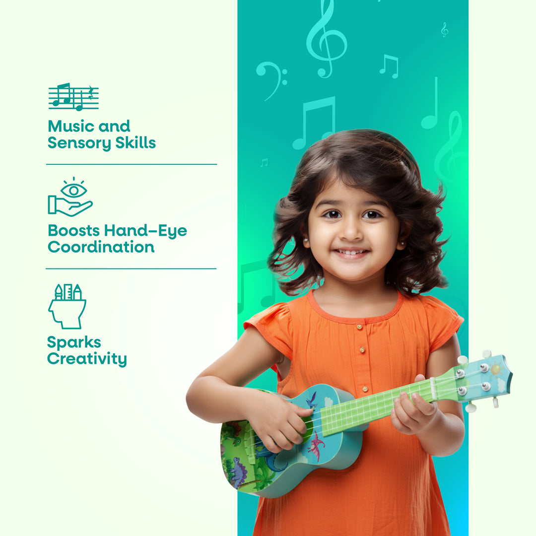 Child holding a FLYI toy guitar with music-themed text on a teal background.