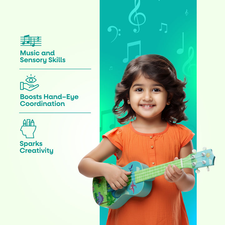 Child holding a FLYI toy guitar with music-themed text on a teal background.