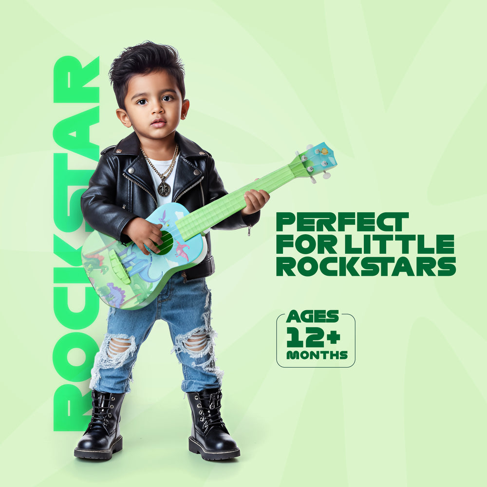 Child holding a FLYI toy guitar with text 'Rockstar' and 'Perfect for Little Rockstars' on a light green background.