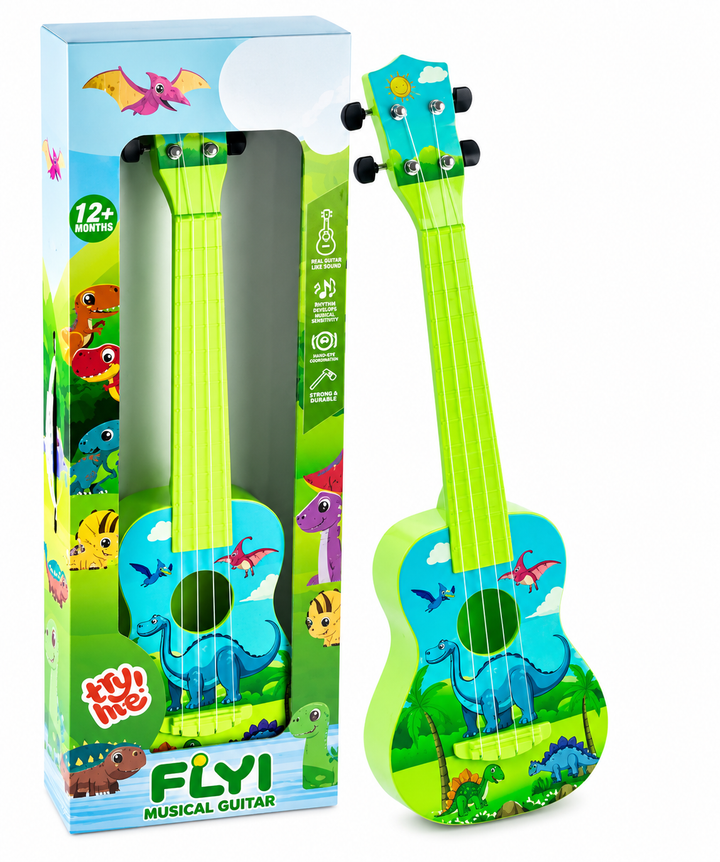 A FLYI musical guitar toy shown next to its retail box. The guitar has a bright lime green neck and body with a colorful dinosaur-themed print on the headstock and soundhole area.