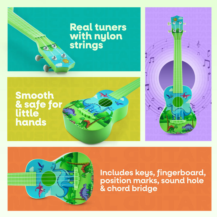 FLYI toy guitar with features highlighted on a colorful background
