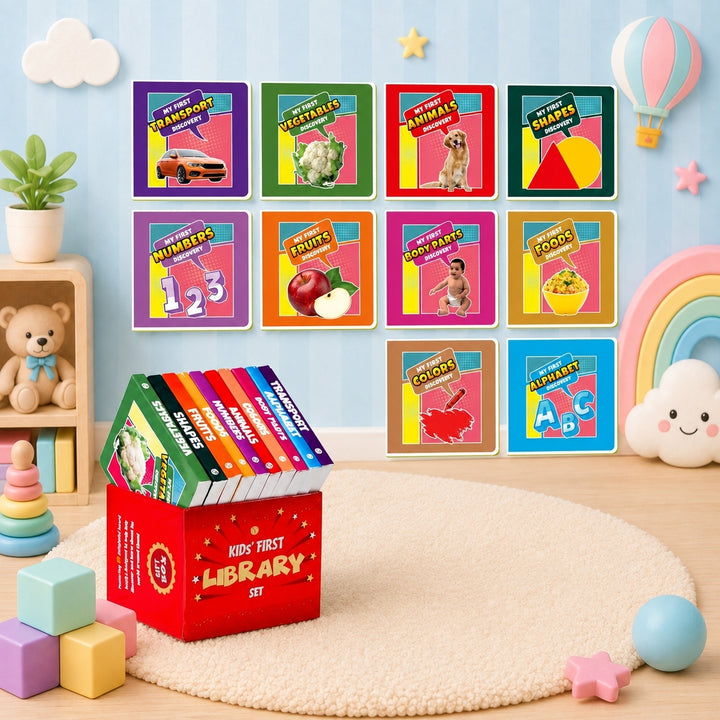 A children's educational book set displayed in a styled room scene. The set includes a red house-shaped box labeled 'Kids First Library Set' with colorful books emerging from the top, and twelve matching square book covers arranged on a wall behind it.