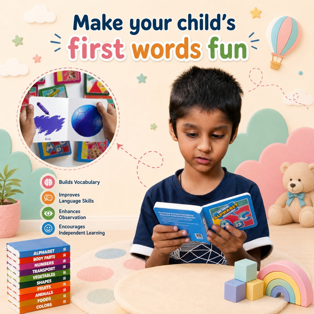 A child sits at a table reading a colorful book, surrounded by toys and educational materials. The scene includes text reading 'Make your child's first words fun' and a stack of alphabet books, with a circular inset showing hands drawing and playing with a blue ball.
