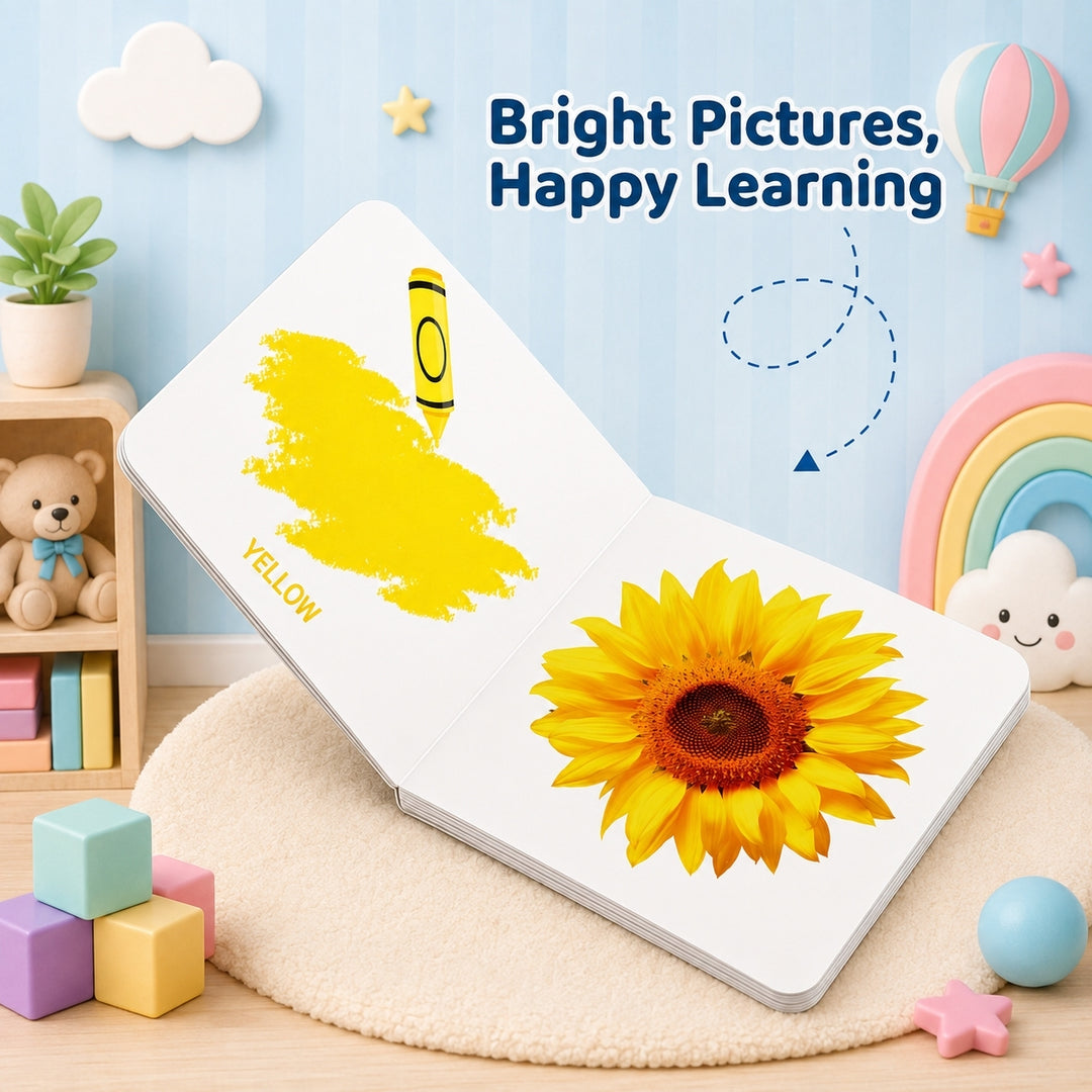 An open children's activity book showing a yellow crayon and a sunflower, styled on a cream rug in a playful nursery setting with toys, a teddy bear, and a rainbow. Text in the upper right reads 'Bright Pictures, Happy Learning'.