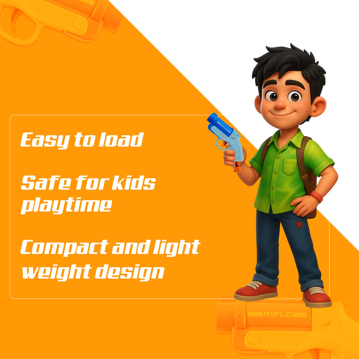Cartoon character holding a toy gun with text on an orange background