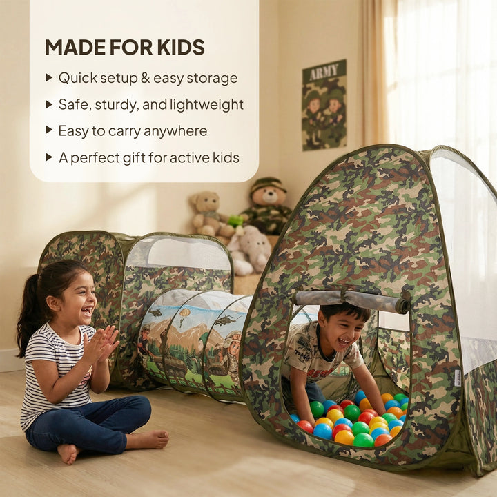 Kids' camouflage pop-up play tent set with a tunnel and ball pit, shown in a child's room with two children playing inside and a text overlay highlighting product benefits.