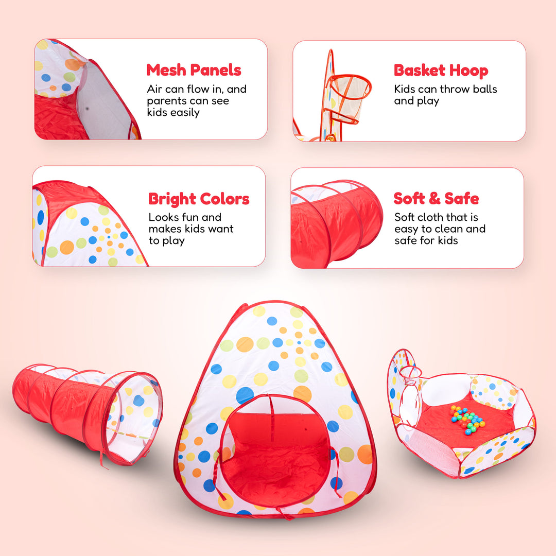 A children's play tent set shown with feature callout panels on a pale pink background. The set includes a small tunnel, a dome playhouse with mesh windows, a basket hoop, and a ball pit.