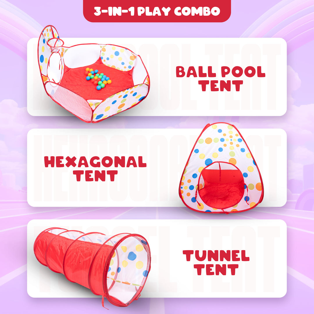 A promotional graphic for a 3-in-1 play combo set showing three toy components: a ball pool tent with colorful balls inside, a hexagonal play tent, and a tunnel tent. The image has a pastel purple and pink background with white panels and red text labels.