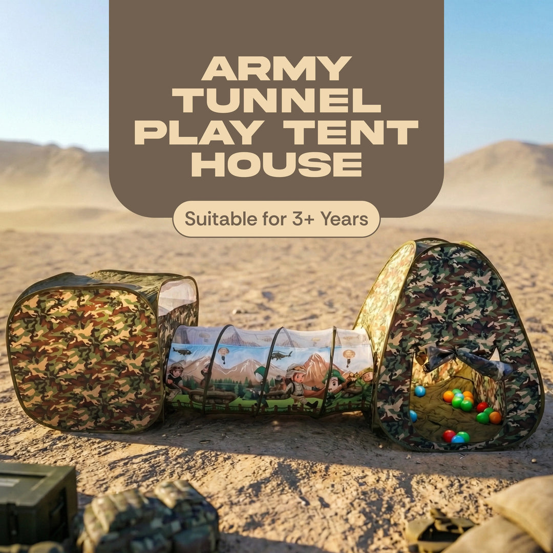 An army-style play tunnel tent set up in a desert landscape. The tunnel has camouflage-patterned ends and a printed scenic tunnel section with mountains and hot air balloons.