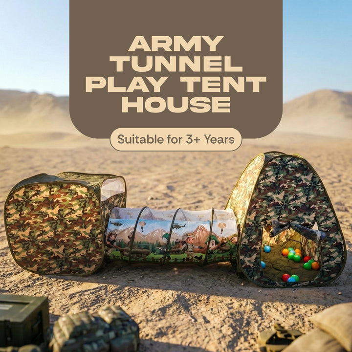 An army-style play tunnel tent set up in a desert landscape. The tunnel has camouflage-patterned ends and a printed scenic tunnel section with mountains and hot air balloons.