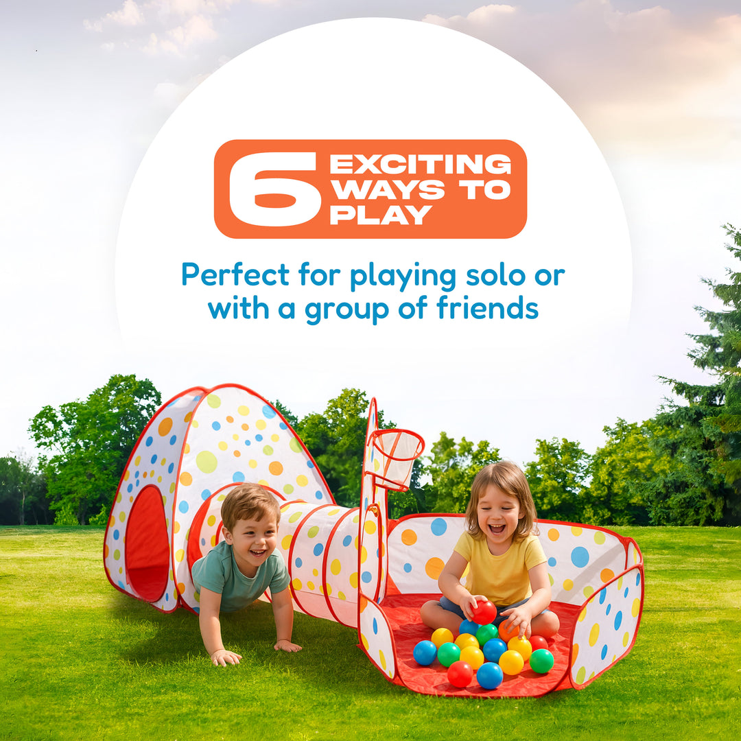 Outdoor play set with a tunnel and ball pit on a grassy lawn, with two children playing inside. Large promotional text at the top reads '6 EXCITING WAYS TO PLAY' and 'Perfect for playing solo or with a group of friends.